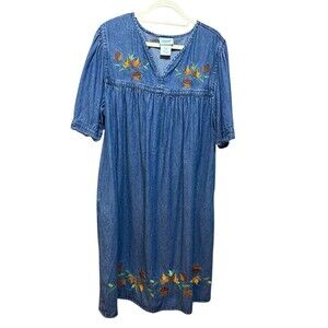 Vintage Denim Embroidered Fall Floral Dress | Cottagecore Boho Midi 1X